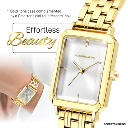 Roberto Marino RM1982 Women’s Luxury Watch Rectangular Gold – Japanese Quartz Movement, Vintage Stainless Steel Design, Silver Dial, Elegant Dress Timepiece, 3ATM Water Resistant – Reloj para Mujer