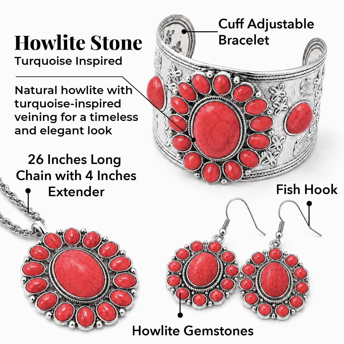 Shop LC Howlite Western Jewelry Set for Women Boho Cowgirl | 3-Piece Necklace Bracelet Earrings, Turquoise-Inspired, Chunky Statement, Southwestern
