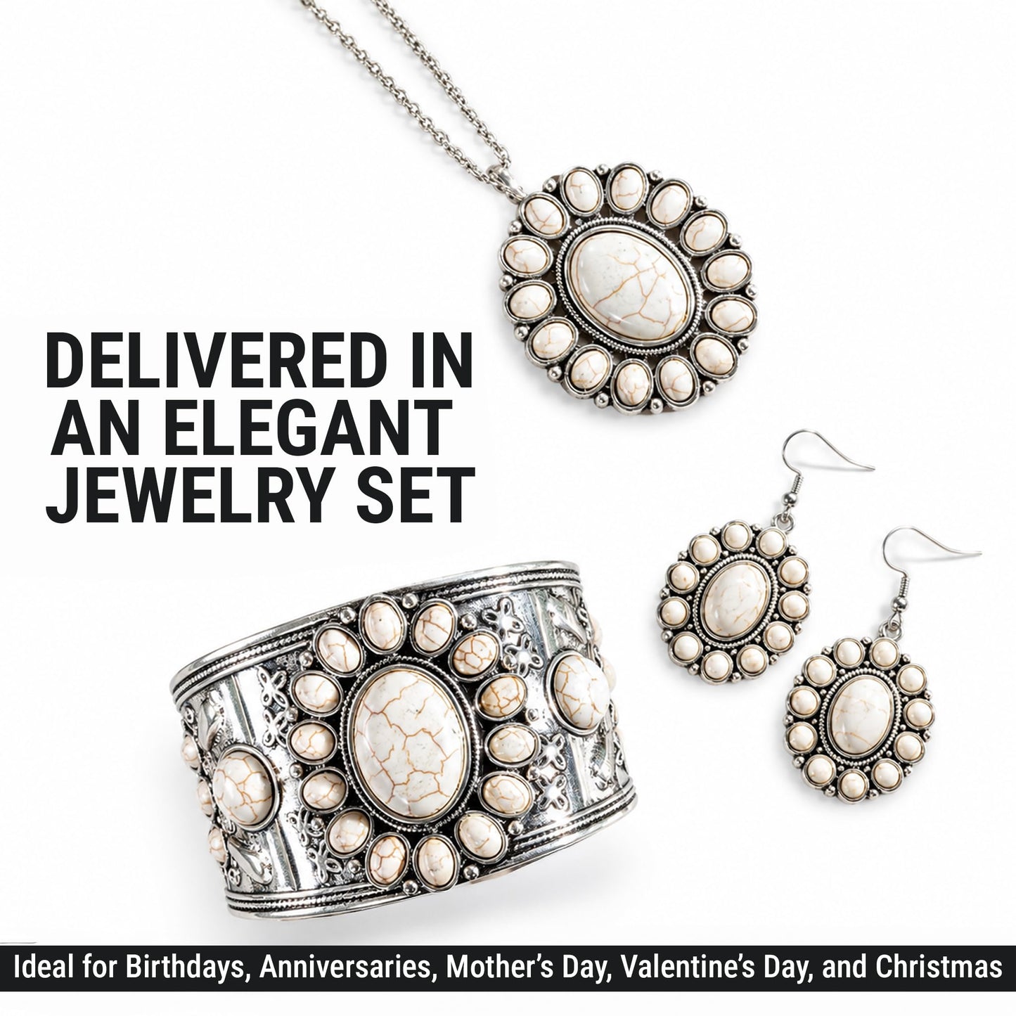 Shop LC Howlite Western Jewelry Set for Women Boho Cowgirl | 3-Piece Necklace Bracelet Earrings, Turquoise-Inspired, Chunky Statement, Southwestern