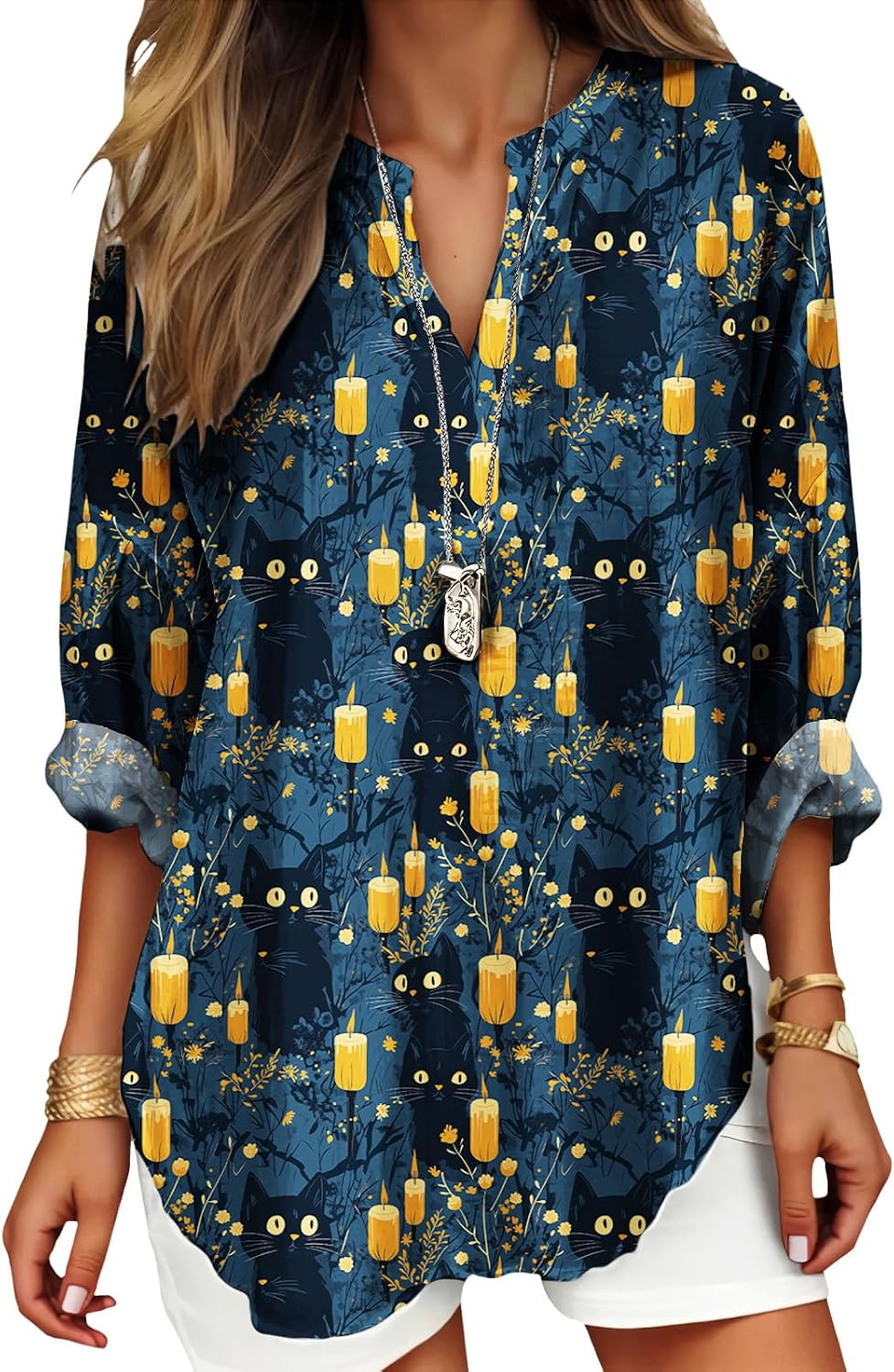 Womens Bohemian Print Tunic Top Cotton Blend V Neck Long Sleeve Loose Fit Casual Blouse for Summer Beach Vacation