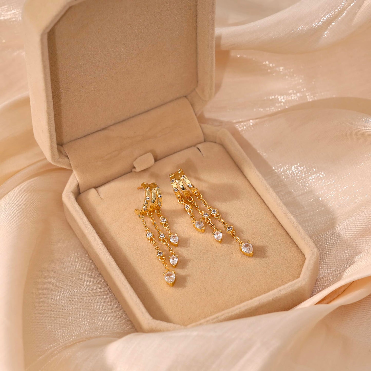 Gold Dangle Earrings for Women,Dainty 14K Gold Plated Triple Huggie Hoop Earrings Cute Statement Drop Earrings for Women Trendy Hypoallergenic CZ Gold Earrings Non Tarnish Wedding Prom Jewelry