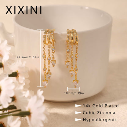 Gold Dangle Earrings for Women,Dainty 14K Gold Plated Triple Huggie Hoop Earrings Cute Statement Drop Earrings for Women Trendy Hypoallergenic CZ Gold Earrings Non Tarnish Wedding Prom Jewelry