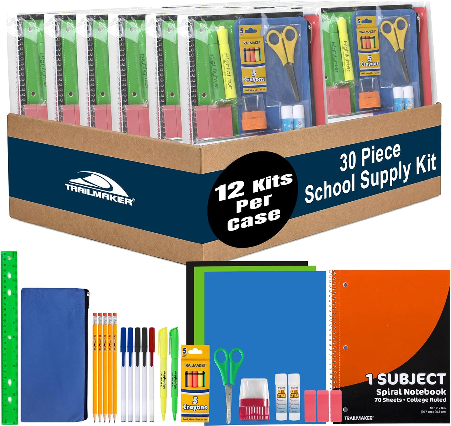 Trailmaker 12 Pack Bulk School Supply Kits | 30 Piece Classroom Supply Sets for Elementary & Middle School | Notebooks, Pencils, Crayons & Essentials | Ideal for Schools, Nonprofits, Charities & Donation Programs