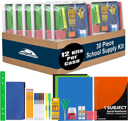 Trailmaker 12 Pack Bulk School Supply Kits | 30 Piece Classroom Supply Sets for Elementary & Middle School | Notebooks, Pencils, Crayons & Essentials | Ideal for Schools, Nonprofits, Charities & Donation Programs