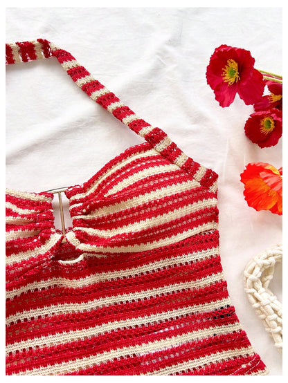 SOLY HUX Women's Summer 2 Piece Outfits Striped Crochet Halter Top Mini Shorts Set Beach Vacation Y2K Sets