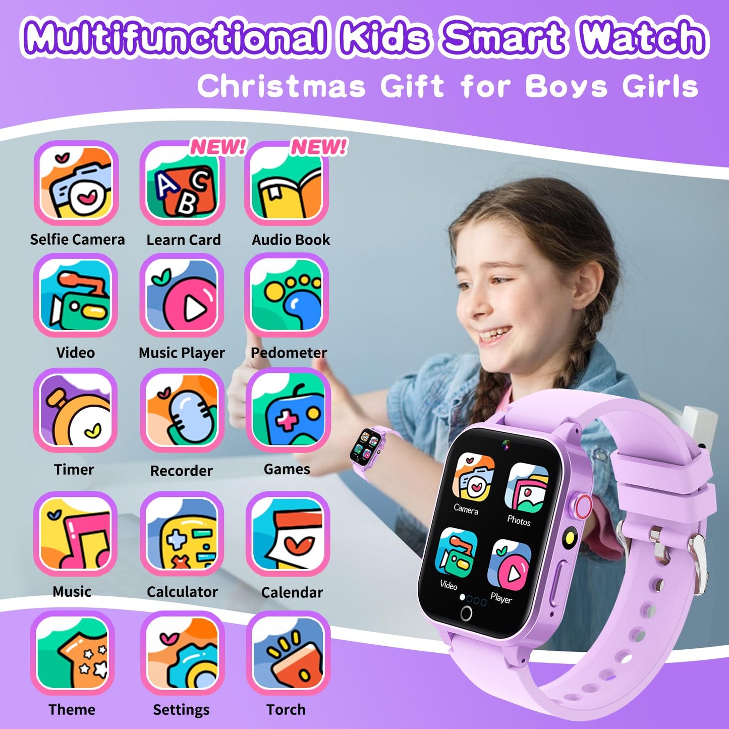 Kids Smart Watch Gift for Girls Age 5-12, 39 Games HD Touch Screen Watches with Video Camera Music Player Pedometer Flashlight 12/24 hr Educational Toys Birthday Gifts for Girls Ages 7 8 9 10