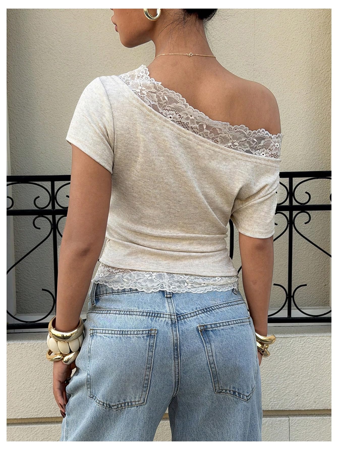Verdusa Women's Y2K Lace Off The Shoulder Tops Cropped T Shirts Summer Chic Outfits