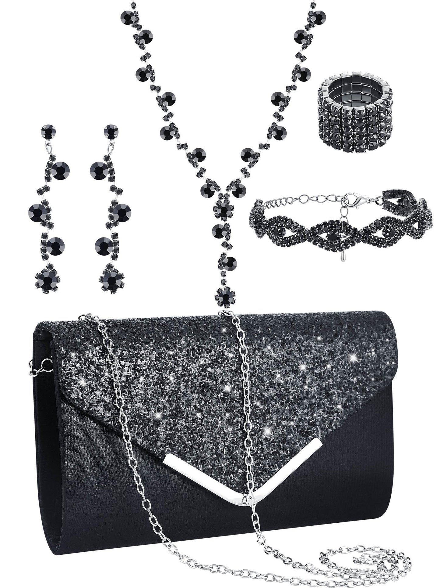 Henoyso 5 Pcs Purse Rhinestone Jewelry Set Prom Jewelry Rhinestone Clutch Purse Necklace Earrings Bracelets for Women Bride