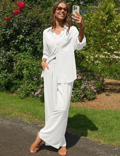 TARSE Womens Linen 2 Piece Outfits Casual Lounge Sets | Long Sleeve, Button Down Shirt and Wide Leg Pants, loose fit linen, vacation outfits with Pockets