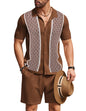 COOFANDY Men's 2 Piece Outfit Vintage Short Sleeve Button Down Knit Polo Shirts Casual Beach Shorts Sets