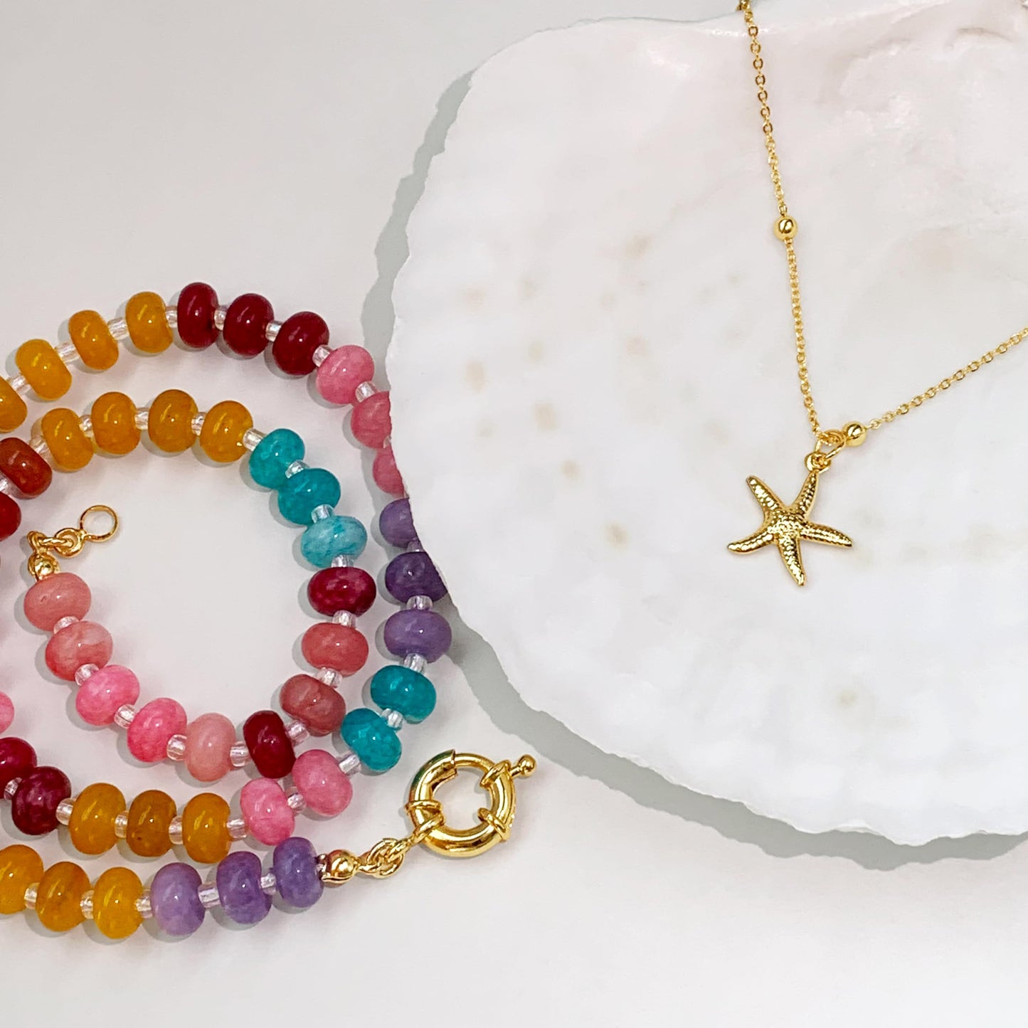 Zeffy Shell Necklace for Women,14K Gold Plated Layered Starfish Conch SeaShell Pearl Pendant Charm Necklace Stack Waterproof Dainty Beach Jewelry for Summer Vacation