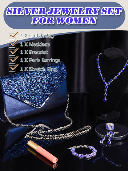 Henoyso 5 Pcs Purse Rhinestone Jewelry Set Prom Jewelry Rhinestone Clutch Purse Necklace Earrings Bracelets for Women Bride