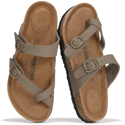 Project Cloud 100% Genuine Leather Womens Sandals -Lightweight Womens Slides Memory Foam Insole & Cork Footbed Sandals Women - Non-Slip Beach Essentials Summer Sandals for Women 2026 (Lian)