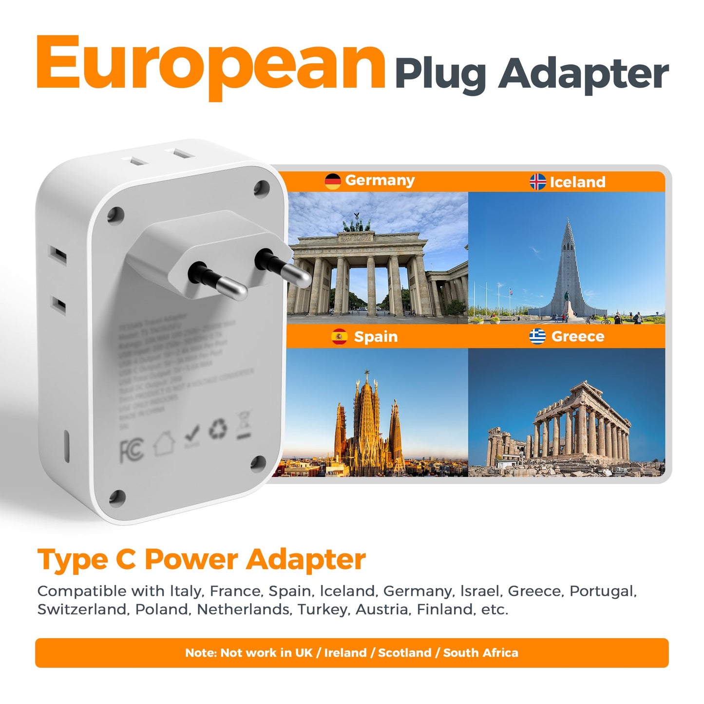 TESSAN 2 Pack European Travel Plug Adapter, Europe Power Converter