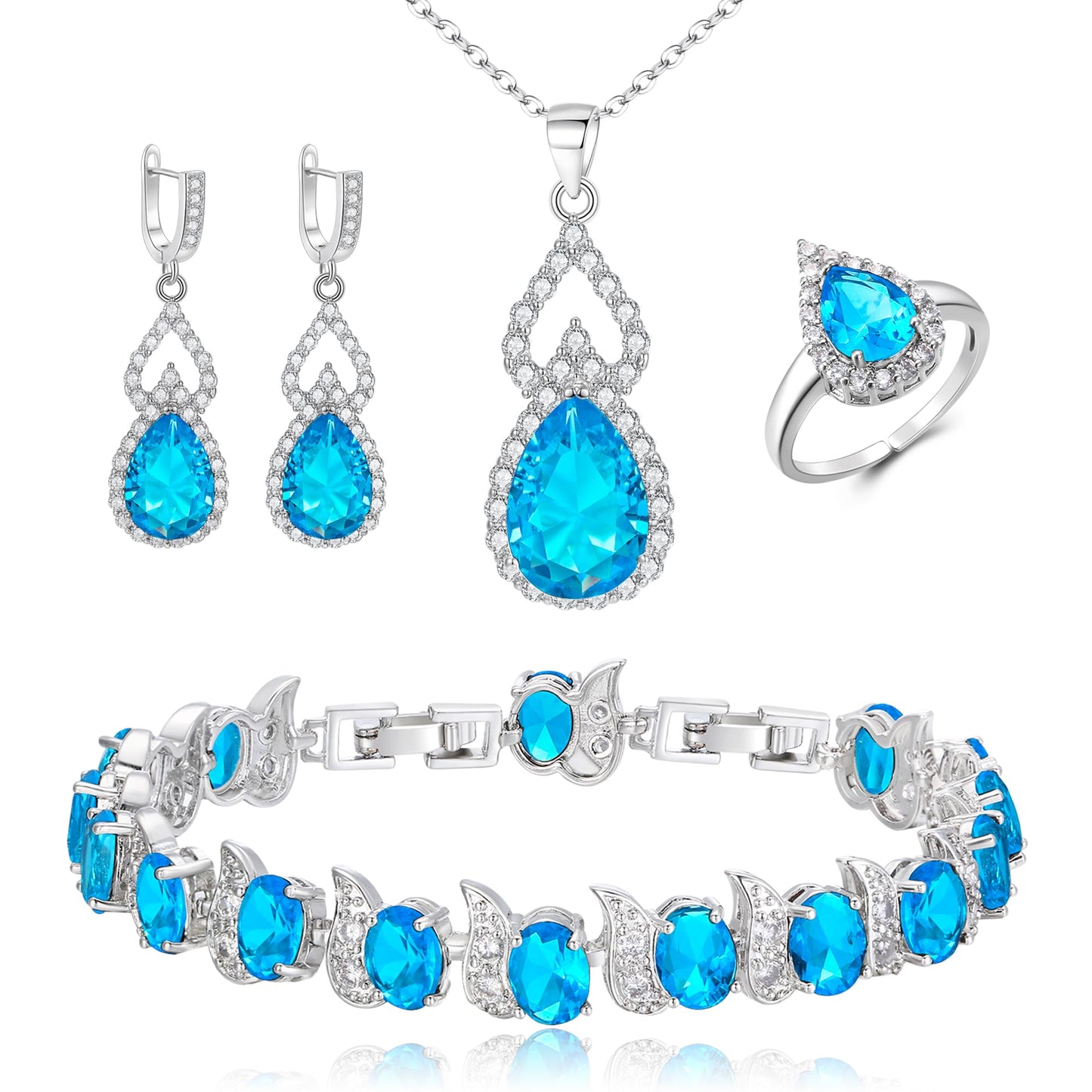 BriLove Wedding Jewelry Set for Women Bride Bridesmaid | Gorgeous Cubic Zirconia Teardrop Necklace Earrings Bracelet Adjustable Ring Jewelry Gift for Birthday/Anniversary