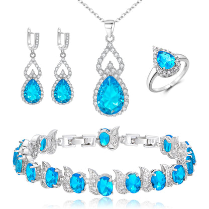 BriLove Wedding Jewelry Set for Women Bride Bridesmaid | Gorgeous Cubic Zirconia Teardrop Necklace Earrings Bracelet Adjustable Ring Jewelry Gift for Birthday/Anniversary