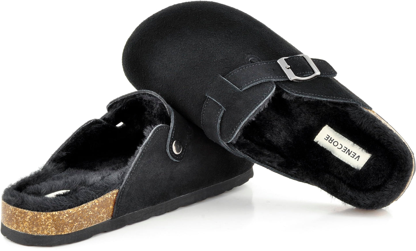 Erica Women's Cork Footbed Clogs Genuine Soft Suede Fuzzy Faux Fur Lined Comfort Cushioned Mule Slide Shoes