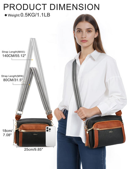 Small Leather Crossbody Bags for Women Anti theft Purses and Handbag Shoulder Hangbag with Wide Strap Tassel