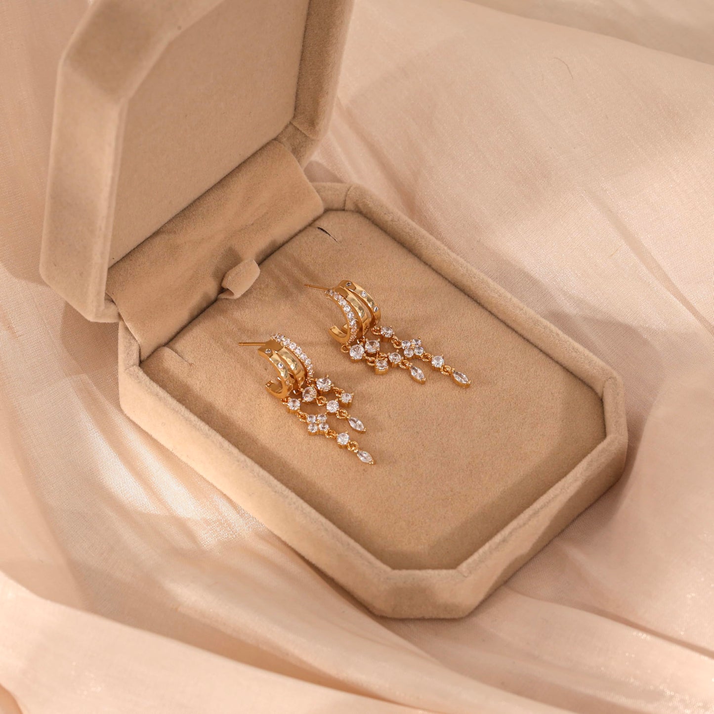 Gold Dangle Earrings for Women,Dainty 14K Gold Plated Triple Huggie Hoop Earrings Cute Statement Drop Earrings for Women Trendy Hypoallergenic CZ Gold Earrings Non Tarnish Wedding Prom Jewelry