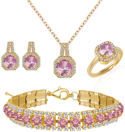 Paxuan 4pcs Cubic Zirconia Wedding Jewelry Sets for Bride Bridesmaid Cubic Zirconia Pendant Necklace Earrings Link Tennis Bracelet Open Ring Set for Women