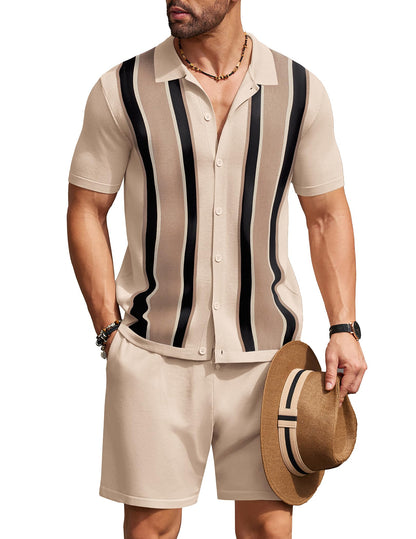COOFANDY Men's 2 Piece Outfit Vintage Short Sleeve Button Down Knit Polo Shirts Casual Beach Shorts Sets