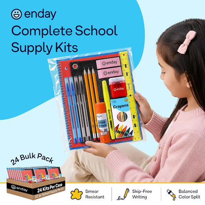24 Pack Bulk School Supplies for Kids | 22 Piece Back to School Supplies in Each Kit, Premium Quality Kids School Supply for Girls & Boys, Kindergarten, Elementary, K-12 - By Enday