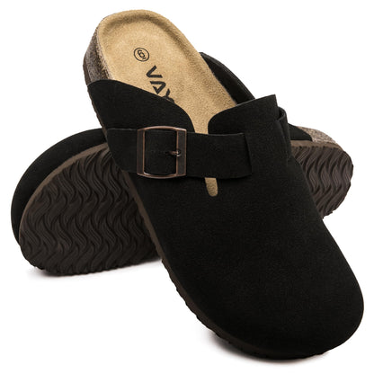 Women Suede Clogs Casual Slip On Potato Mule Slippers | Soft Suede Upper, Arch-Support Cork Insole, Adjustable Buckle, Anti-Slip Sole