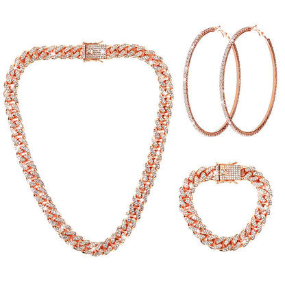 Batiyeer 3 Pcs Cuban Link Chain Necklace Bracelet Rhinestone Hoop Earrings Bling Crystal Hip Hop Jewelry for Women(18 Inch,Gold)