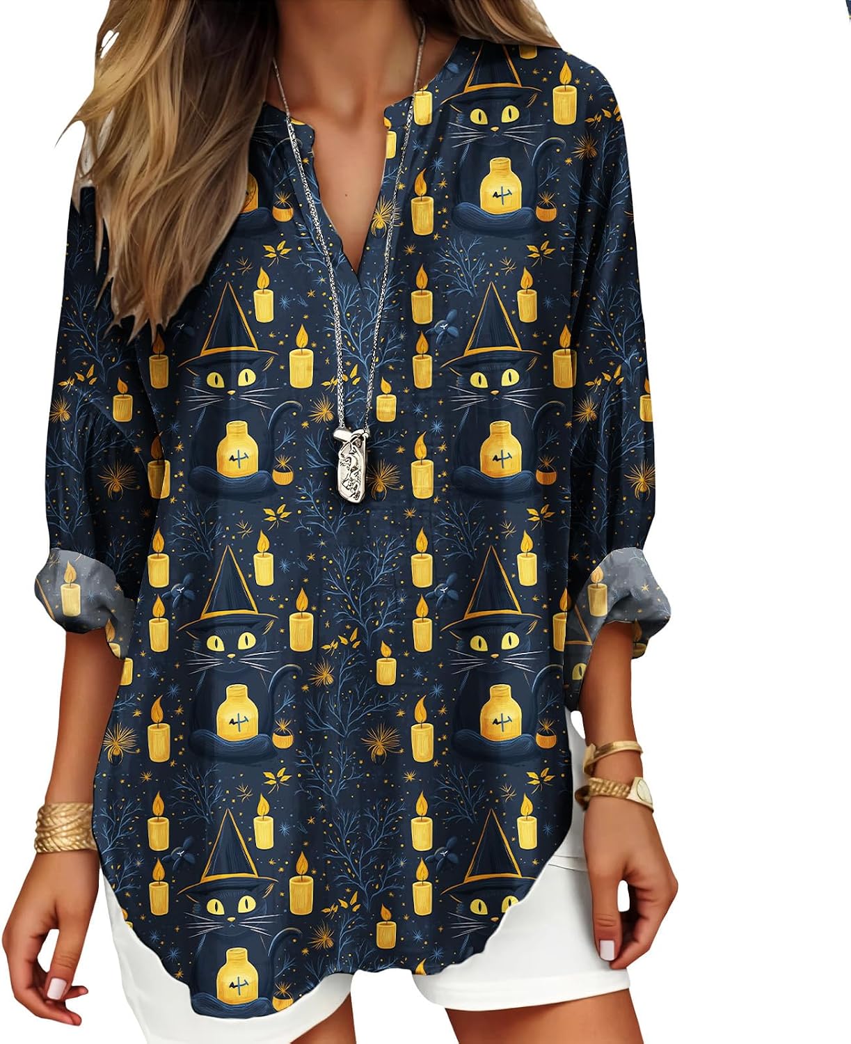 Womens Bohemian Print Tunic Top Cotton Blend V Neck Long Sleeve Loose Fit Casual Blouse for Summer Beach Vacation