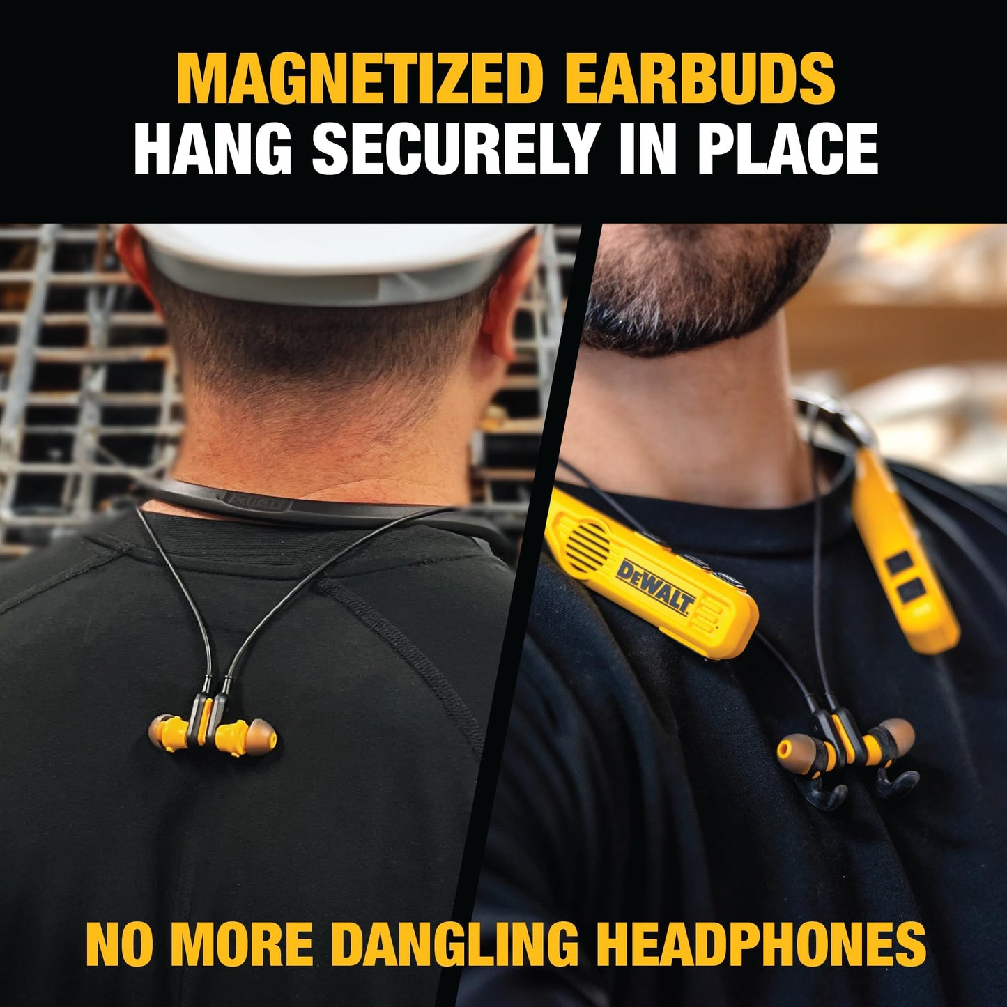 DEWALT Heavy Duty Black Edition 2-in-1 Neckband Bluetooth Headphones w/Built-in Speakers, Jobsite Wearable Speaker & Around Neck, Wireless Headset, 60+ Hrs Hands-Free Music & Calls, Carry Pouch