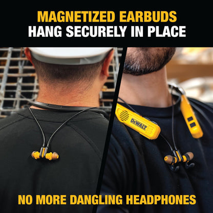 DEWALT Heavy Duty Black Edition 2-in-1 Neckband Bluetooth Headphones w/Built-in Speakers, Jobsite Wearable Speaker & Around Neck, Wireless Headset, 60+ Hrs Hands-Free Music & Calls, Carry Pouch