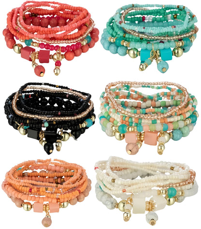 Women Beaded Bracelet Set | Colorful Boho Stackable Trendy Design with Crystal Accents Multilayer Bangle Bracelet | Fashion Stretch Braclets Jewelry for Women
