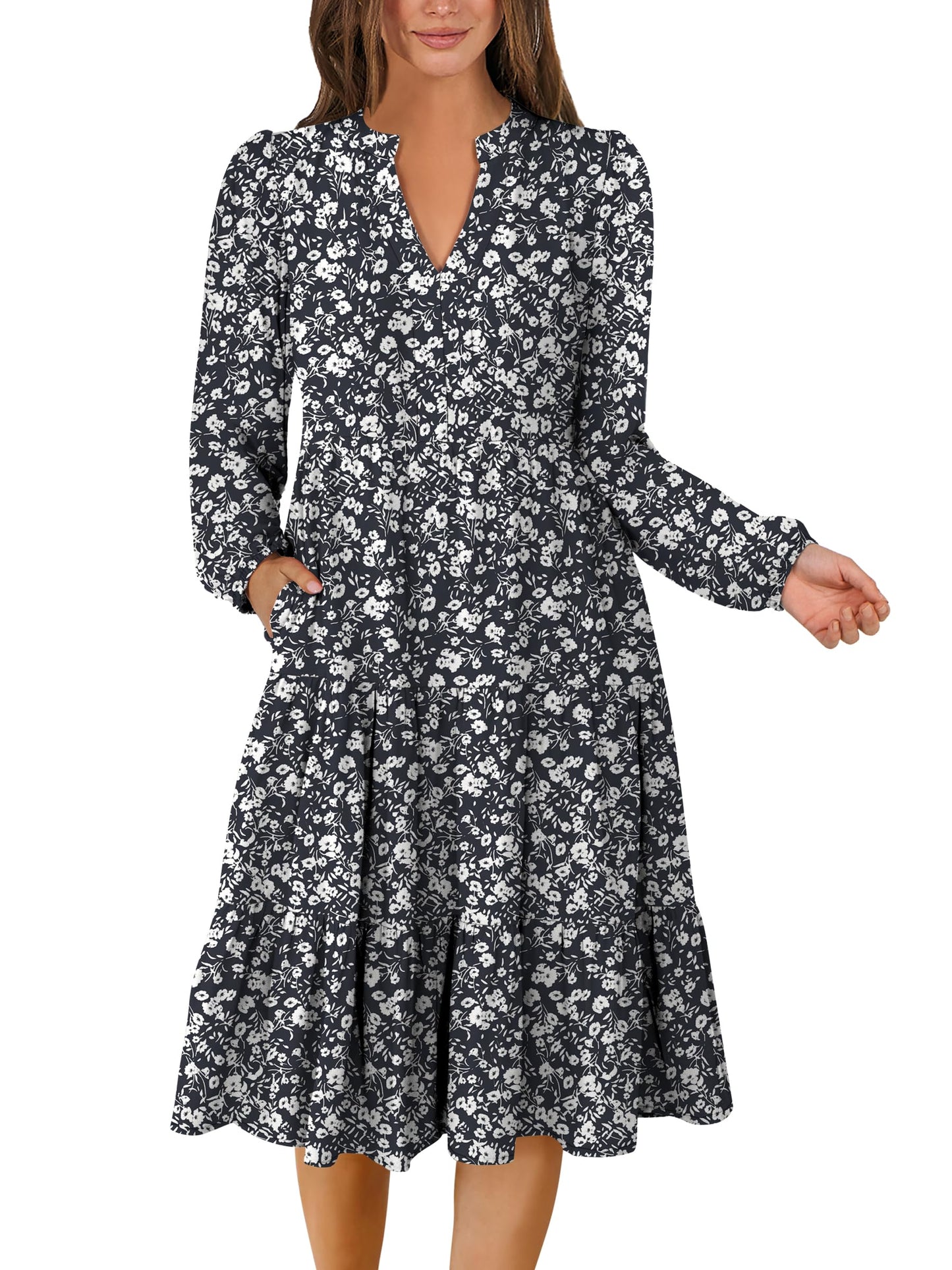 ANRABESS Womens V Neck Long Sleeve Midi Dress | Swing Flowy Tiered with Pockets, Soft Fabric, Boho Beach Vacation Dresses, Loose Fit Casual, Fall Winter Transition Clothes