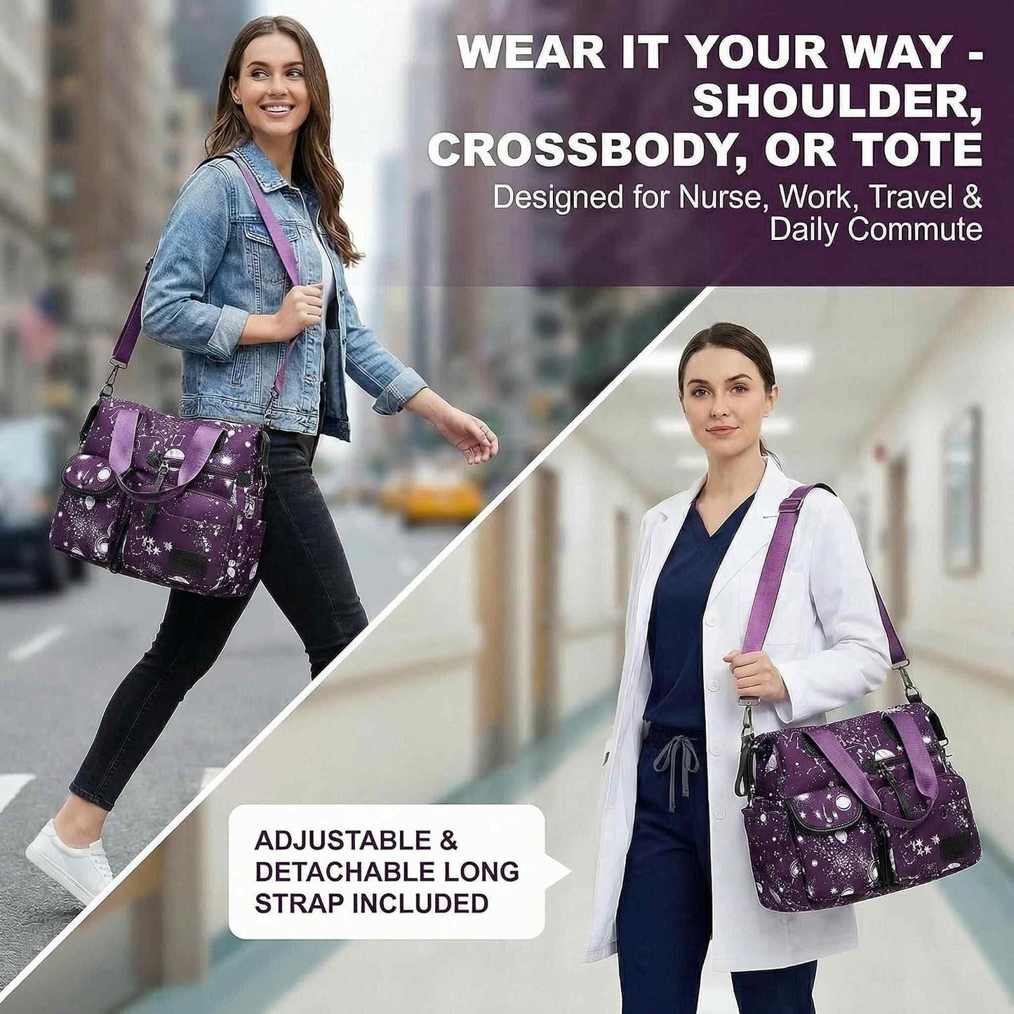 Tote Bag for Women,Multi Pockets Shoulder Handbag,Nurse Bag for Work,Large Cross body Purse,Fashion Nylon Top Handle Satchel