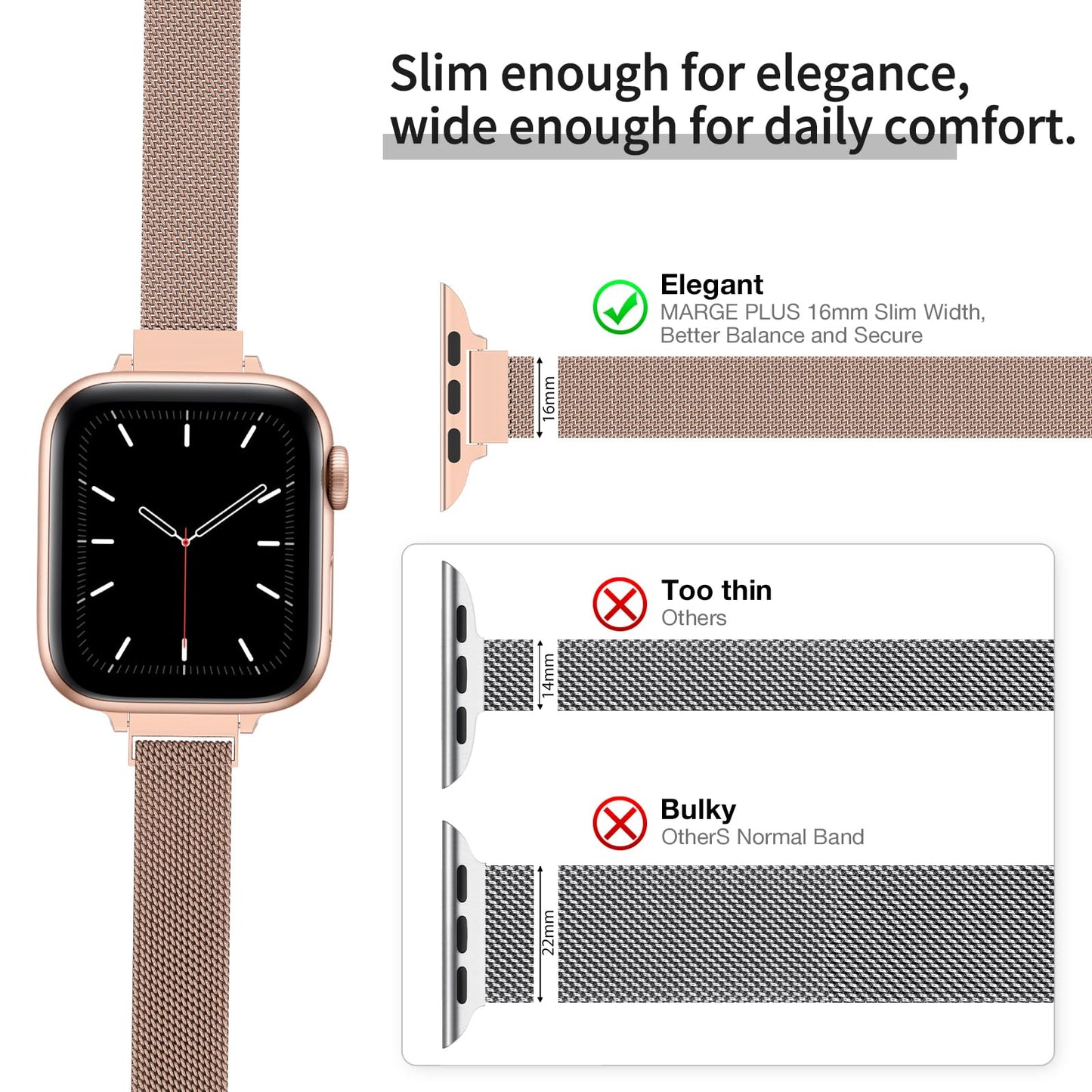MARGE PLUS Slim Milanese Loop Compatible with Apple Watch Band for women 41mm 40mm 38mm 42mm 46mm 45mm 44mm, Stainless Steel Magnetic Mesh Strap work on iWatch Series 11 10 9 8 7 6 5 4 3 & SE 3 2 1