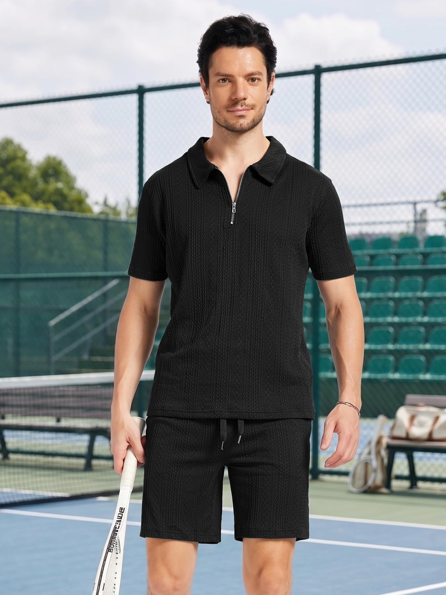 yuyangdpb Men's 2 Piece Summer Vacation Outfits Polo Shirt & Shorts Set | Breathable Textured Knit Fabric, Stretchy, Soft, Moisture-wicking, Lightweight, Ideal for Beach Casual Tracksuit, M-2XL