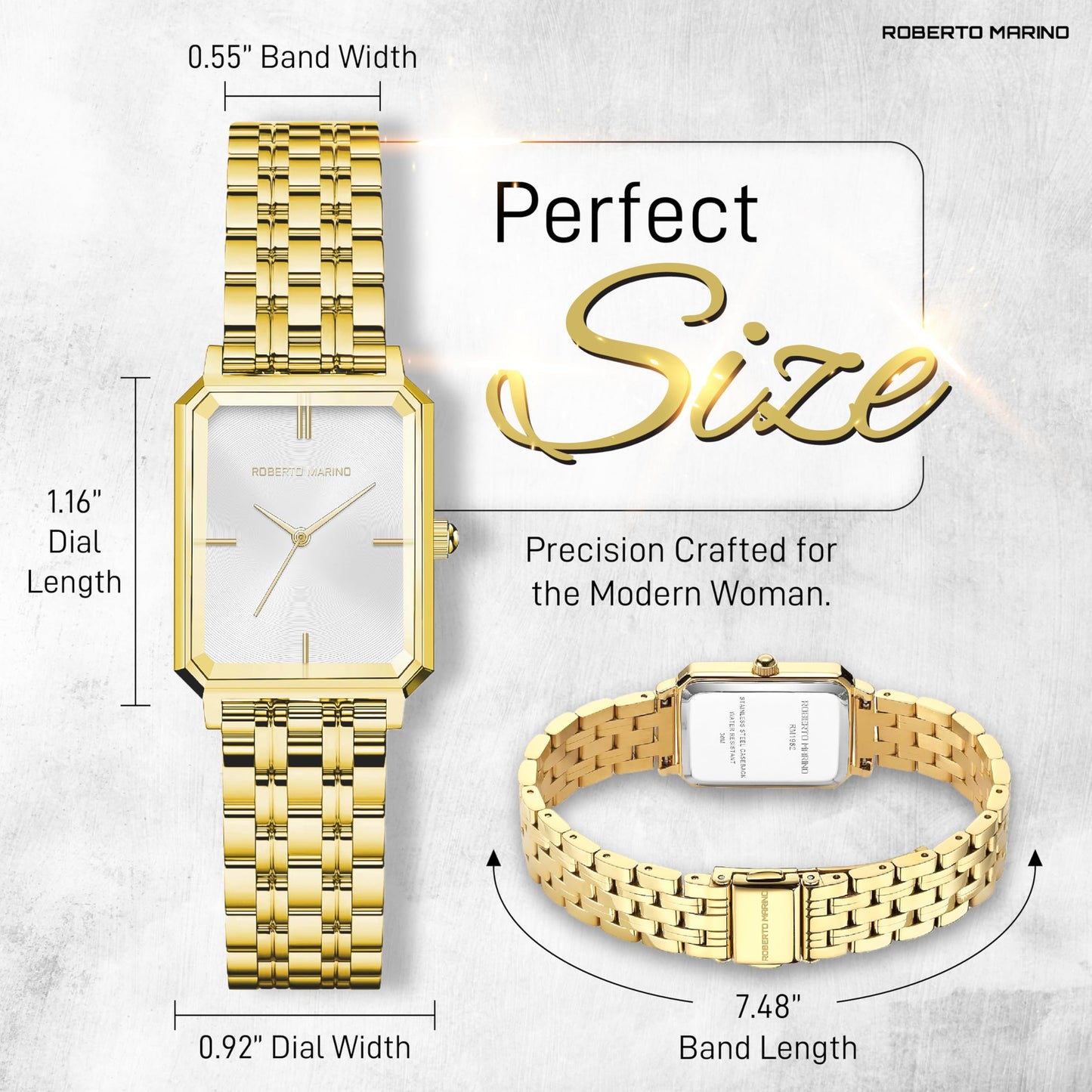 Roberto Marino RM1982 Women’s Luxury Watch Rectangular Gold – Japanese Quartz Movement, Vintage Stainless Steel Design, Silver Dial, Elegant Dress Timepiece, 3ATM Water Resistant – Reloj para Mujer