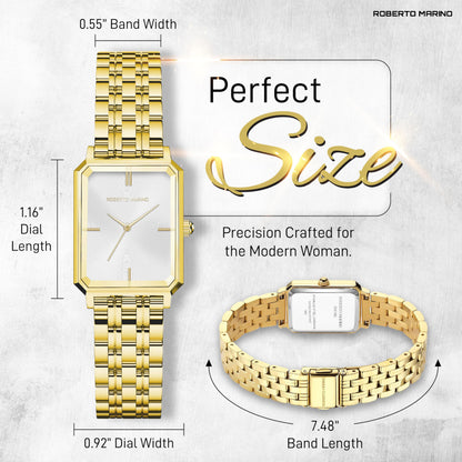 Roberto Marino RM1982 Women’s Luxury Watch Rectangular Gold – Japanese Quartz Movement, Vintage Stainless Steel Design, Silver Dial, Elegant Dress Timepiece, 3ATM Water Resistant – Reloj para Mujer