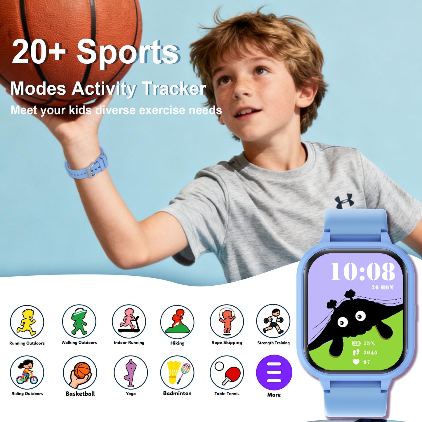 Kids Smart Watch 4-15 Ys, Standalone&APP Dual Use, Bluetooth Call, Kid Gift | 1.8'' IP68 Boys Girls Fitness Tracker, DIY Sports Modes, Heart Rate&Sleep Monitor, 13 Alarms, Weather, Smart Reminder, Games
