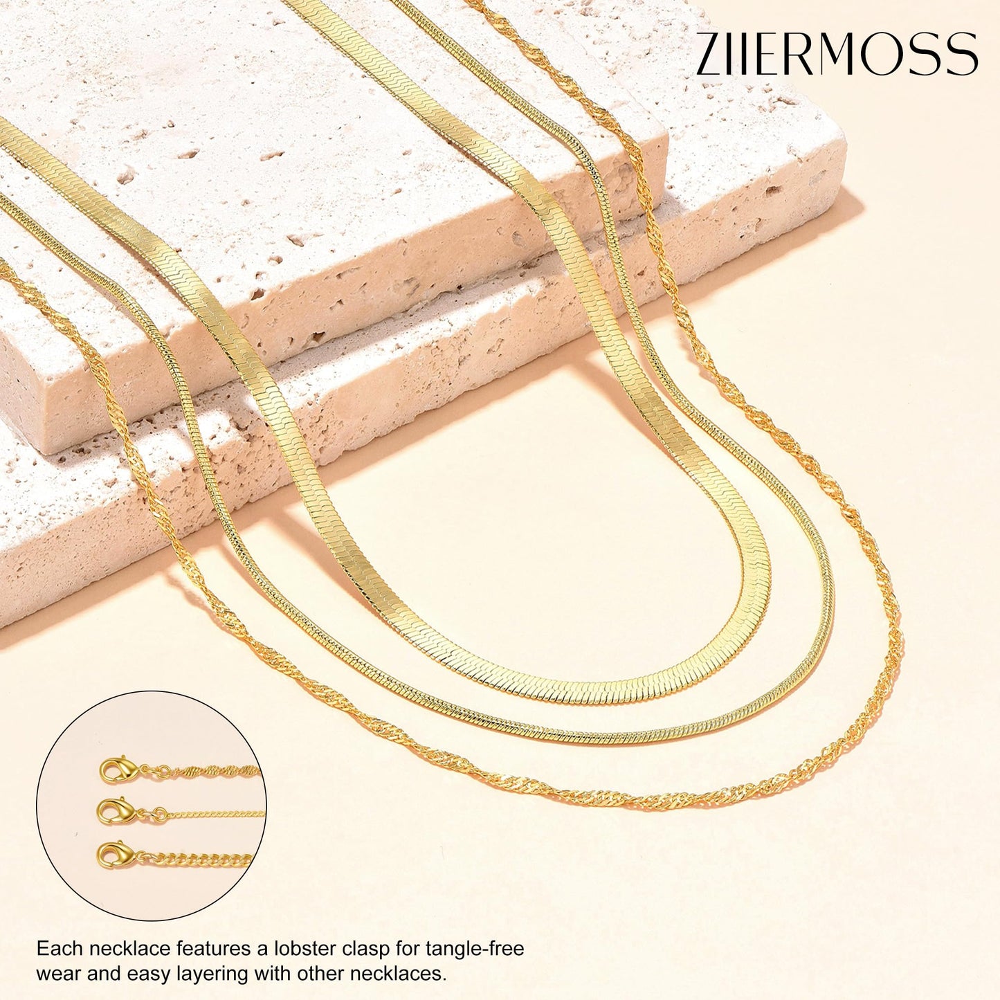 3PCS Gold Necklaces for Women,Chunky Statement Gold Plated Necklace Stack Layered Sterling Silver Herringbone Chains for Women Dainty Trendy Silver Chains Stacked Jewelry Gifts