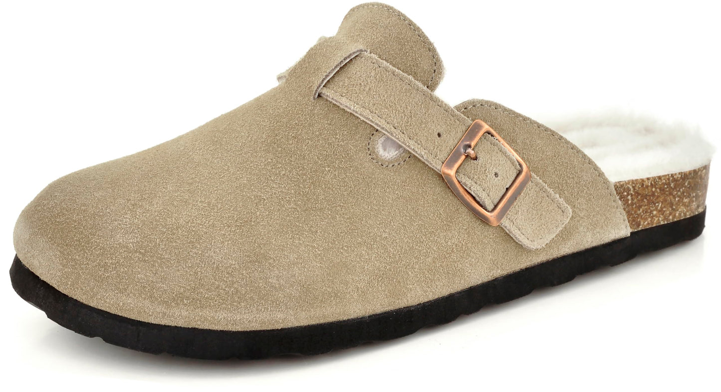Erica Women's Cork Footbed Clogs Genuine Soft Suede Fuzzy Faux Fur Lined Comfort Cushioned Mule Slide Shoes