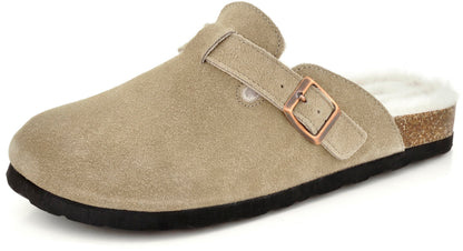 Erica Women's Cork Footbed Clogs Genuine Soft Suede Fuzzy Faux Fur Lined Comfort Cushioned Mule Slide Shoes