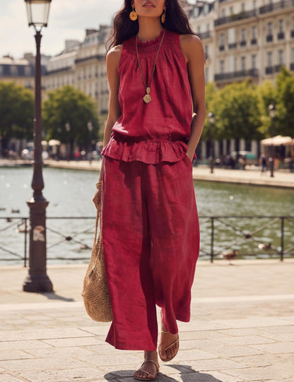 Tanming Women's Linen 2 Piece Outfits Sleeveless Ruffle Top Wide Leg Pants Summer Loungewear Beach Travel Sets