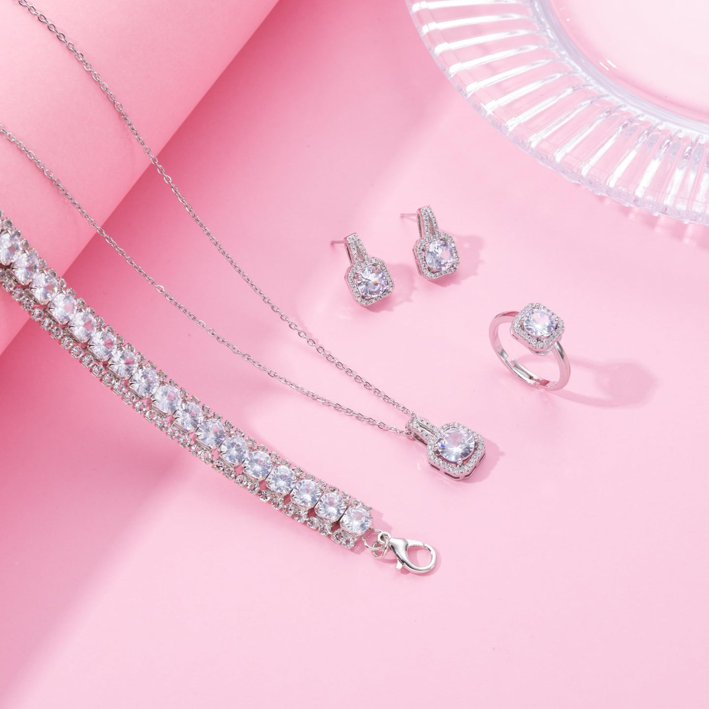 Paxuan 4pcs Cubic Zirconia Wedding Jewelry Sets for Bride Bridesmaid Cubic Zirconia Pendant Necklace Earrings Link Tennis Bracelet Open Ring Set for Women