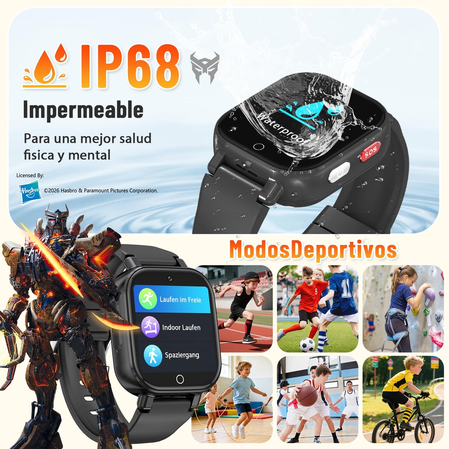 Transformers 4G Kids Smart Watch Phone, GPS, Video Call, Waterproof - Pink | Smartwatch for Boys Girls Ages 4-12, Class Mode, SOS, Camera, Alarm, Touch Screen, Gifts with Bonus Woven Strap & SIM Card