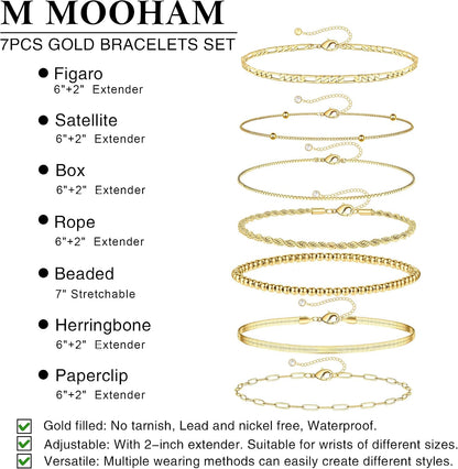 M MOOHAM 7PCS Gold Bracelets for Women, 14K Gold Plated Beaded Bracelet Set | Rope Paperclip Chain Stackable Bracelet, Non Tarnish Bracelet Stack, Friendship Birthday Jewelry, Gifts for Women Teen Girls