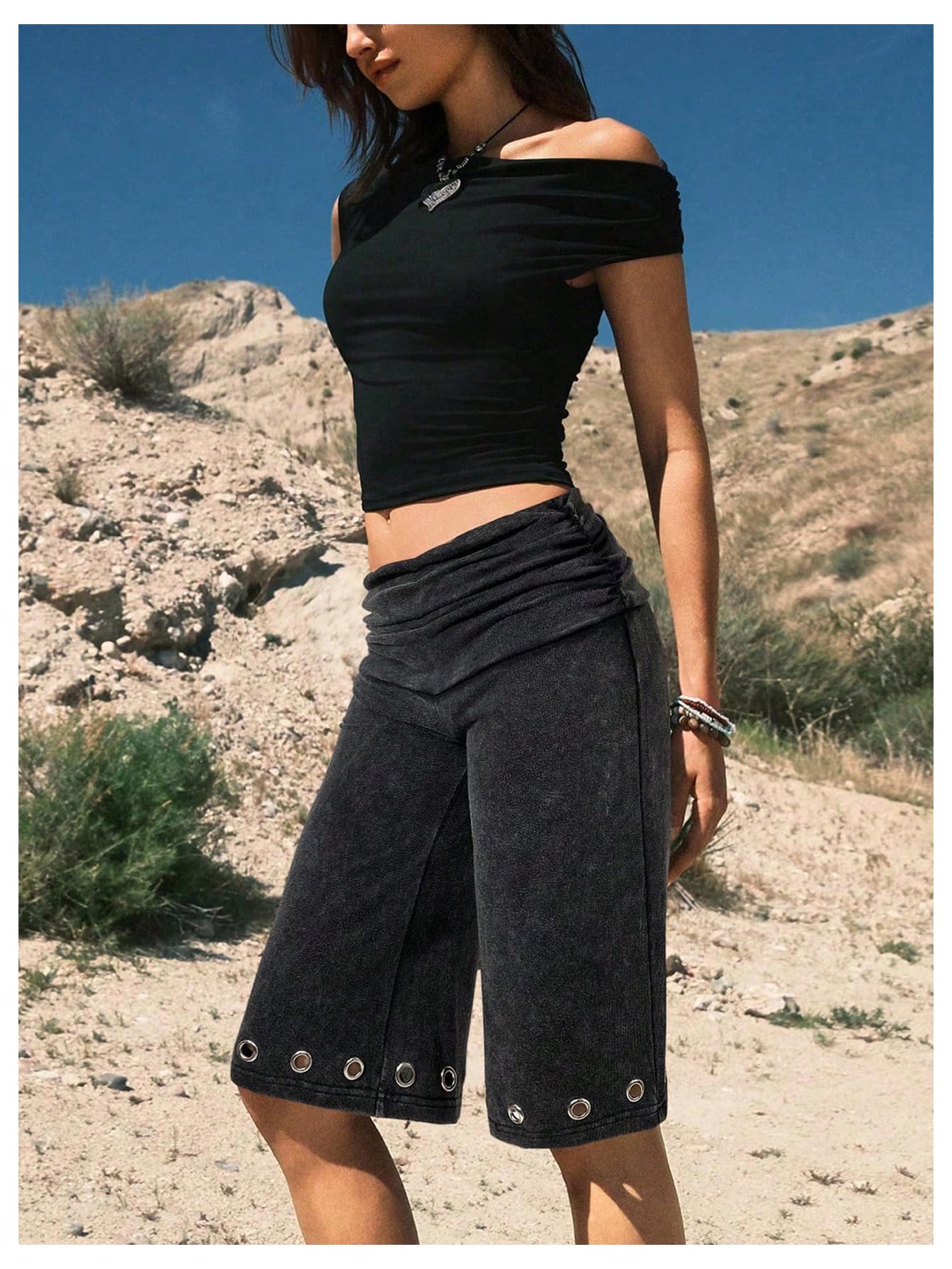 Verdusa Women's Fold Over Shorts Carpi Pants Washed Grommet Bermuda Shorts Gaucho Pants Going Out