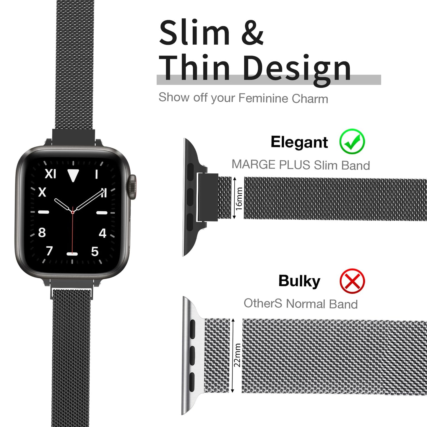 MARGE PLUS Slim Milanese Loop Compatible with Apple Watch Band for women 41mm 40mm 38mm 42mm 46mm 45mm 44mm, Stainless Steel Magnetic Mesh Strap work on iWatch Series 11 10 9 8 7 6 5 4 3 & SE 3 2 1