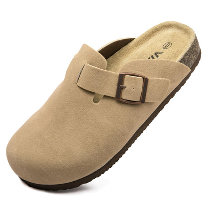 Women Suede Clogs Casual Slip On Potato Mule Slippers | Soft Suede Upper, Arch-Support Cork Insole, Adjustable Buckle, Anti-Slip Sole
