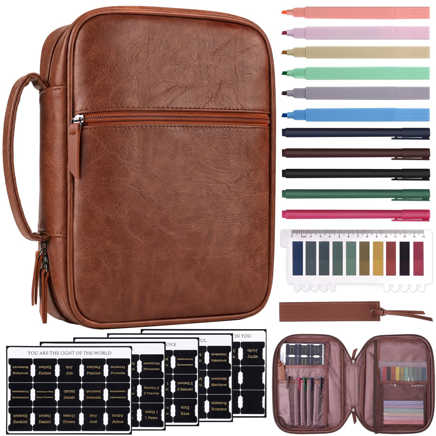 XKDOUS 20 Pcs Bible Case Set with Tabs, Pens, Study Supplies Carrier Holder Portable Men's Bible Bag Church Book Leather Cover Father Day Christian Gift for Dad, Mom, Men, Women